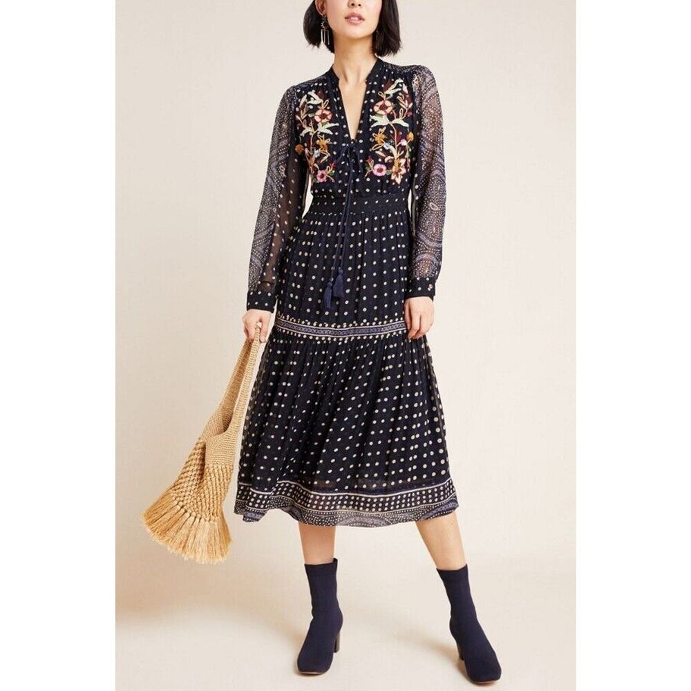 Anthropologie Maeve Cassidy Beaded Embroidered Midi Dress Lace Up Size 12